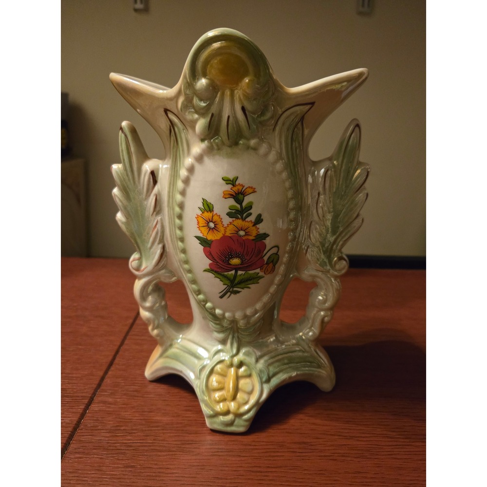 Vintage Brazil Iridescent Pearlized Ceramic Floral Vase Ornate Scroll‎ 1749